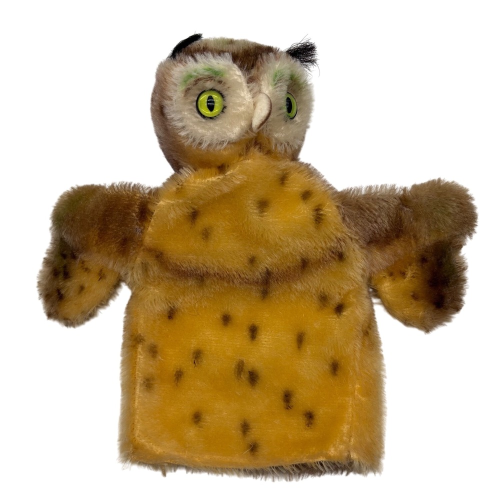 Vintage Steiff Mohair‎ Owl Hand Puppet Plush Toy Brown Yellow Green Eyes Tagged